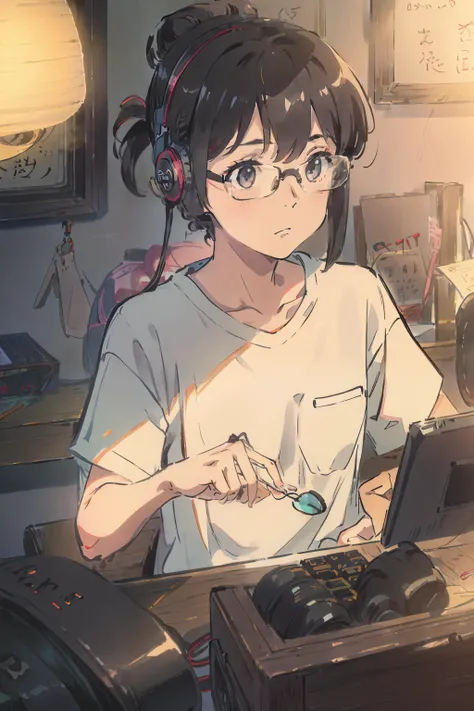 DTM working in room、eye glasses、white t-shirts、rcasual、Small eyes、Face Up、icons、A dark-haired、Suppin、Medium hair、Bun hair、headphones、28 year old,Black eye,personal computers