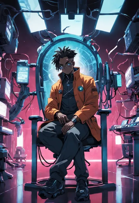 raw, wide angle, A man in a dark laboratory sitting on a chair of the future wears glasses., Reddish black skin, laboratory, hardware, Bright environment, Neon, ((cyberpunked))