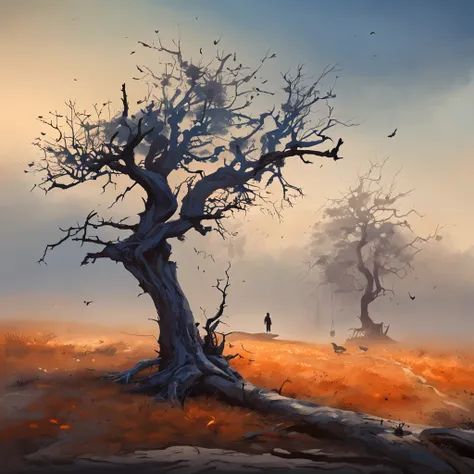 Two crows on a dead tree, A shadow shaped like a walker, Starry night, Thick fog on the ground, Blue light on the horizon, Unreal Engine 5, Cinematic, low angle photography, Motion blur, Depth of field, Dust, Cobblestones and dirt. Splash Art, dripping pai...