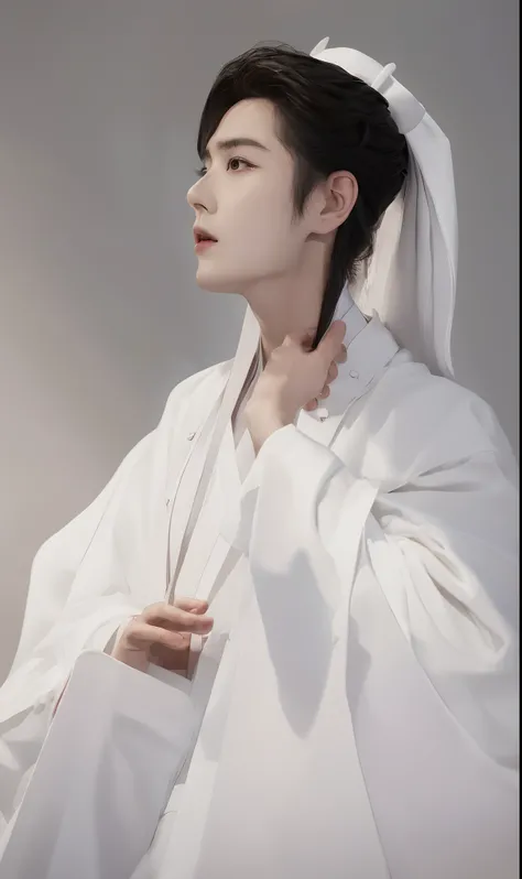 A handsome man in a white robe, Wearing pink flowers on his head, White Hanfu, Hanfu, Xiao Zhan, Big handsome guy, Invincible big handsome guy, Indescribable beauty, A boy in Hanfu, Long flowing black hair and robes, Daoism, white daoist robes, Flowing whi...