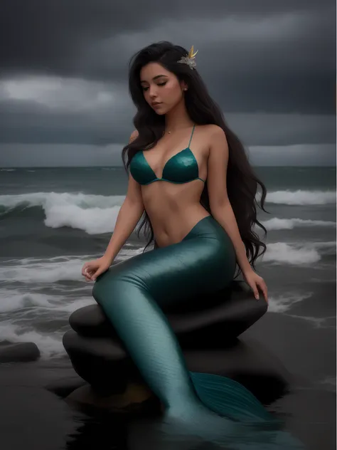 a vivid image of a breathtaking mermaid.  Imagine a mermaid with long golden hair that glows softly in the sunlight.  Its tail is shades of deep blue and emerald green, com escamas que parecem brilhar como joias.  The mermaid is sitting on a rock at the wa...