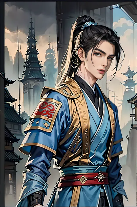 of a guy，Blue dominant color picture，Wind Assassin，Armed with a sword，Fierce and proud eyes，The body is strong and broad，Upper body portrait，Detail portrayal，Wuxia style，Costumes，The side face is handsome，Best picture quality, Dynamic 8K antique man scene，...