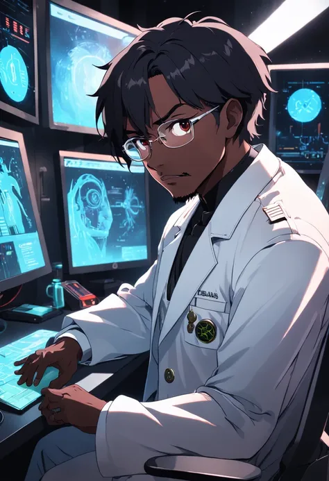 raw, wide angle, A man in a dark lab sitting in a chair in front of a futuristic computer screen wears glasses., Age 50,Reddish black skin, Black Hair, Dark eye typography,Little beard,White Lab Coat,Astronomy Laboratory Show star information, hardware, Br...