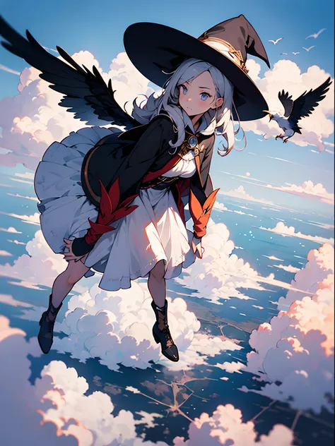 1girl,Fly in the sky above the clouds,the witch