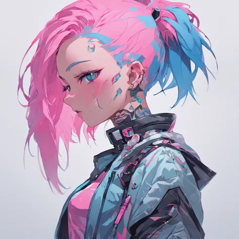 Woman with pink hair and blue face paint posing for a picture, fashionable futuristic woman, cyberpunk style color, beautiful cyberpunk woman model, pink and blue mohawk hairstyle, futuristic woman portrait, portrait color glamour, cyberpunk dyed haircut, ...