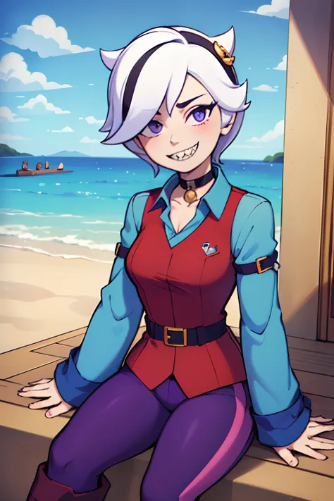 (masterpiece, best quality:1.2), cowboy shot, solo, 1girl, colette, sharp teeth, grin, looking at viewer, sitting, white hair, two-tone collared shirt, sleeves past wrists, purple pants, boots