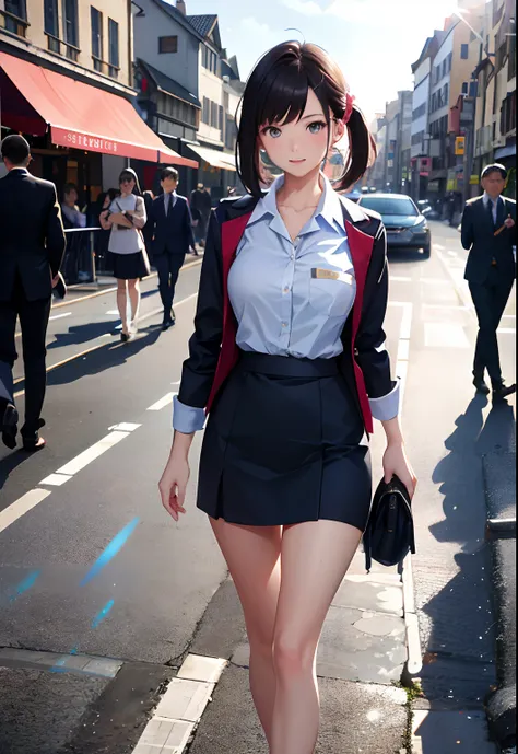 masutepiece, Best Quality, High resolution, Very detailed, Detailed background, 1 girl, Looking at the viewer, Walking down the street in a flight attendant uniform, Skirt, Transparent, Happy, Sun exposure, NSFW