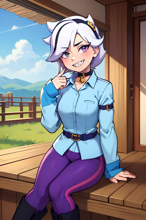 (masterpiece, best quality:1.2), cowboy shot, solo, 1girl, colette, sharp teeth, grin, looking at viewer, sitting, white hair, two-tone collared shirt, sleeves past wrists, purple pants, boots