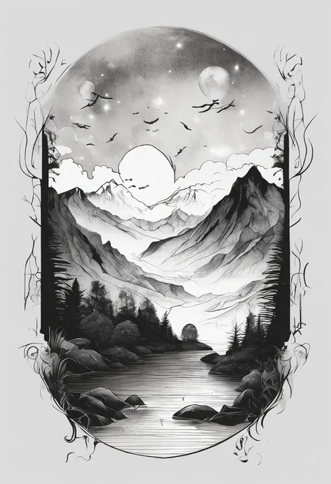 Black and white ink painting，Leisurely，Fairy air is ethereal，Surrounded by mountains and waters