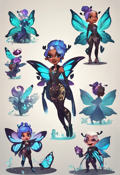 1 mature royal sister butterfly woman character with blue hair and butterfly costume with a seven-star ladybug henchman personified，pixie character, character art of maple story, water fairy, official character art, faeries, pixie,Official artwork, Fairy, ...