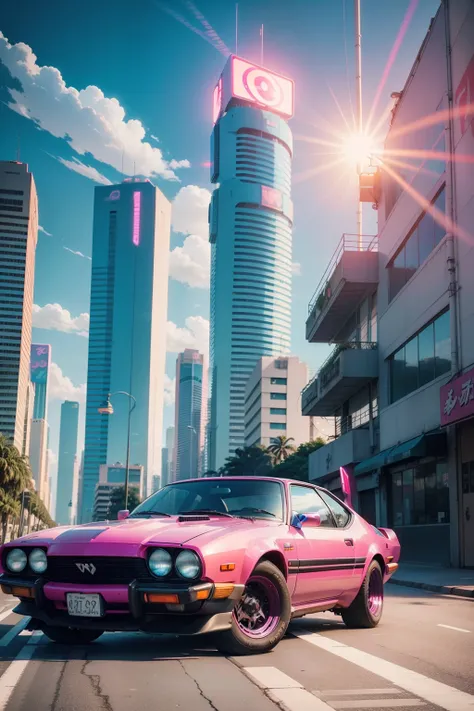 Anime-style illustration of a car driving down a road with sun in front, Super Arte Anime, 8 0 s vibe anime, Estilo de arte cyberpunk, estrada de tarde cyberpunk, vibe cyberpunk, Arte retrowave cyberpunk futurista, Cidade Vaporwave no fundo Rua Cyberpunk, ...