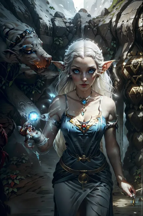 pele acizentada,poucas e pequenas queimaduras de frio. Olhos cegos, white lashes, sobrancelha branca e rareada. Pale mouth. Long flowing white hair. elvish ears, brincos gota pratas, piercings no topo da orelha. Corpo magro feminino,Longas, flowing dress a...