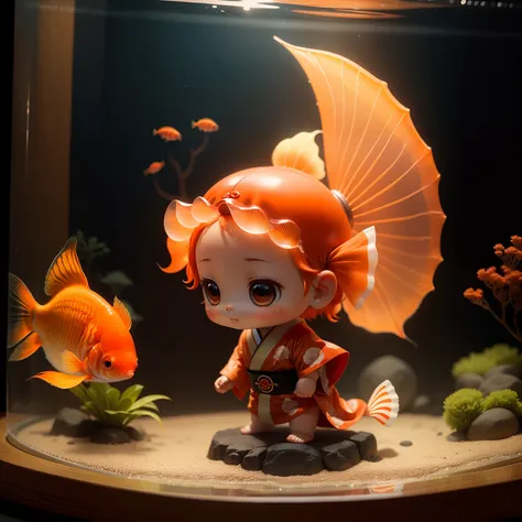 Cute Baby Chibi Anime,Red and orange kimono,goldfish bowl,aquarium,Transparent jellyfish,The corals,Tropical Fish,