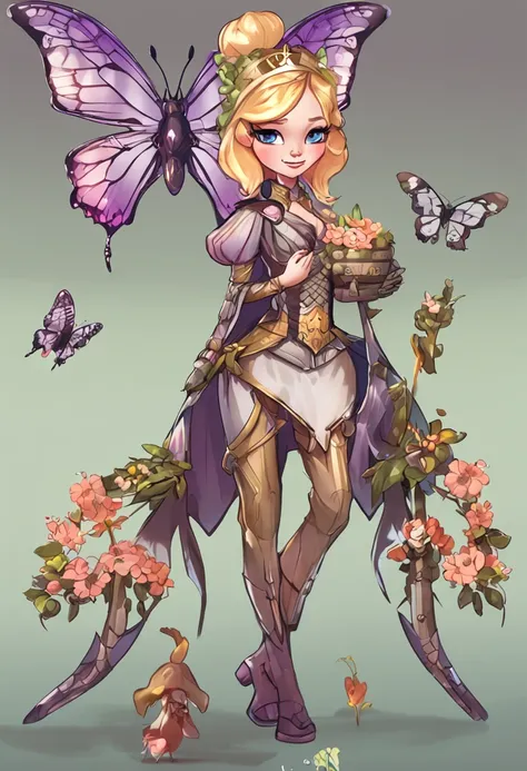 1 mature royal sister butterfly woman character with blonde hair and butterfly costume with a seven-star ladybug little henchman personified，pixie character, character art of maple story, water fairy, official character art, faeries, pixie,Official artwork...