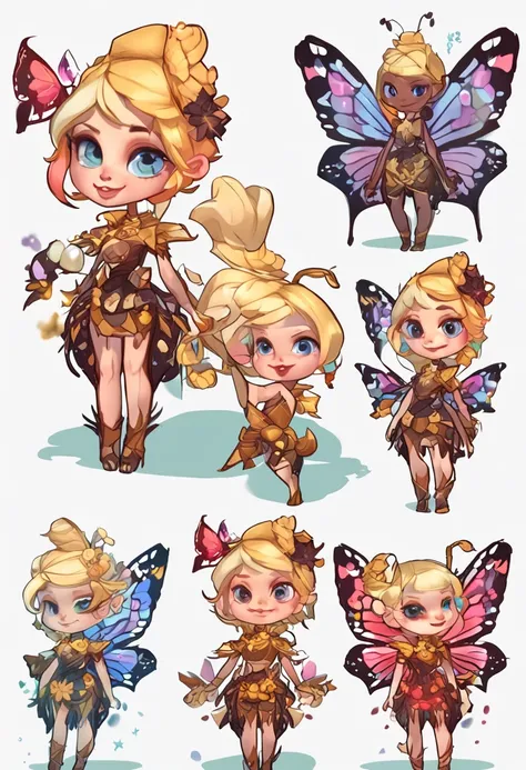 1 mature royal sister butterfly woman character with blonde hair and butterfly costume with a seven-star ladybug little henchman personified，pixie character, character art of maple story, water fairy, official character art, faeries, pixie,Official artwork...