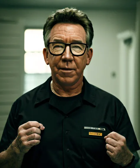 1man,tim allen ,age up,(wearing prison uniform,black glasses),(handcuffed),(masterpiece:1.2) (photorealistic:1.2) (bokeh) (best ...