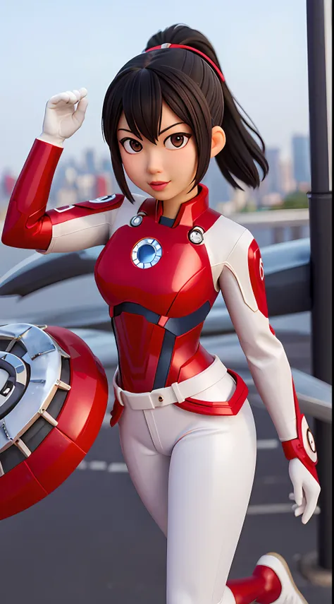 Master parts, Best quality, 复杂, high high quality, Realistic, 1girll, Ironman style, Beautiful iron girl, Black hair, high ponytails, septum, Sexy, NewYork, Dynamic pose, Dynamic Angle, 美丽细致的眼睛, Chest luminescent arc reactor, Pepper pan,White skinny latex ...