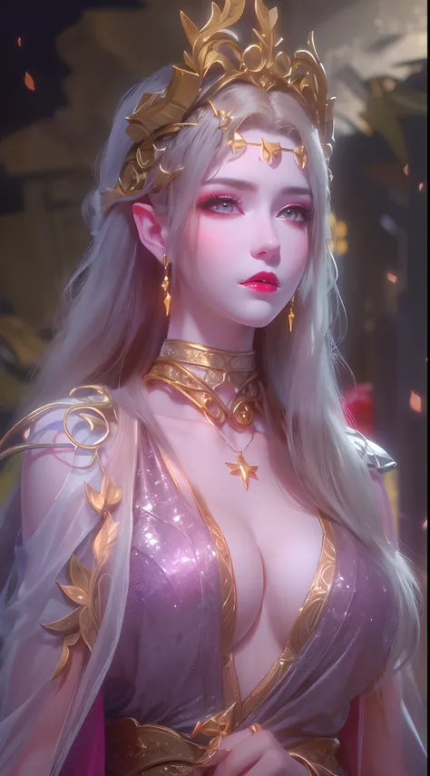 1 20 year old girl, 1 goddess Athena, pink purple silk dress, beautiful goddess Athena face without blemishes, delicate yellow nightgown, long thin sequin nightgown with many sexy black lace details, 1 beautiful thin red silk cloth half veil, female saint ...