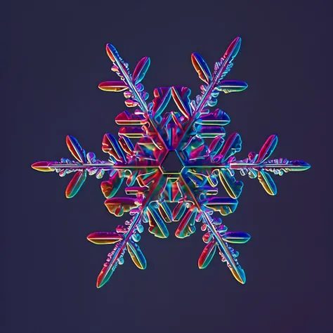 um close up de um floco de neve com um fundo escuro, colorized photon, Flocos, foto colorida premiada, Altamente intrincado em technicolor, imagem intrincada, amazing color photograph, perfect symmetrical image, saturado altamente detalhado, fotografia de ...