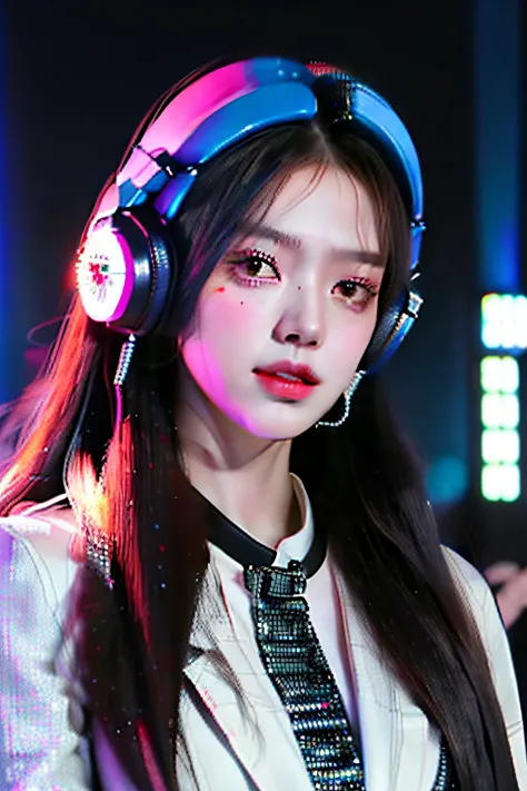 Best quality, 8K, Masterpiece, Ultra HD: 1.3), (K-pop idol: 1.6), 1 pretty girl, (Long hair),dj set, dj sura, sport outfit, headphones dj rave, jia, shaxi, with headphone, dj at a party, jaeyeon nam, dj rave party, kda, trending at cgstation,