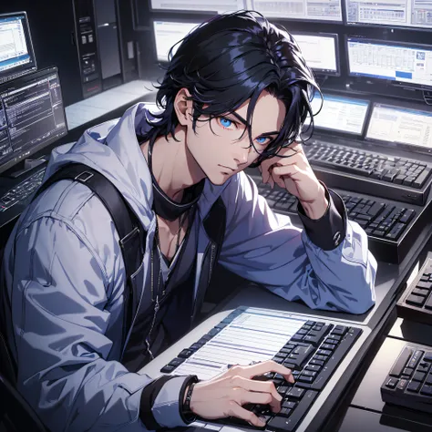 (tmasterpiece, Far plan, amazing quality, A highly detailed, Young guy, black  hair, blue eye, shadows under the eyes, Focused gaze, sitting at a table, keyboard, computer, Dark background, twilight), afternoon, typing on keyboard, hacker, ray tracing, cyb...