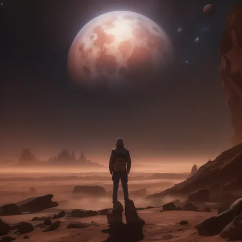 portray a man standing against the backdrop of a desolate planet, with a vast and dilapidated celestial body in the distant view. Let the scene evoke a sense of wonder, solitude, and the enduring legacy of a faraway star