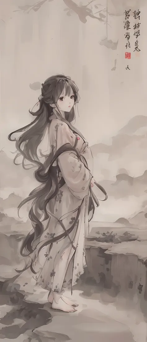 painting of a woman in a long dress standing on a cliff, flowing hair and long robes, by Yang J, beautiful character painting, palace ， a girl in hanfu, by Zeng Jing, guweiz, guweiz on pixiv artstation, by Zhou Fang, by Huang Shen, by Ye Xin, artwork in th...