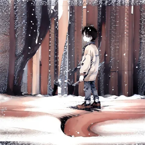 a boy, in brown, walking on a snowy road, between buildings