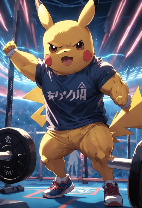 (a T-shirt illustration of a muscular Pikachu working out intensely in a gym)