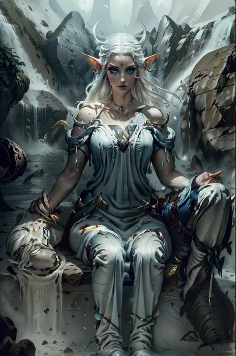 pele acizentada,poucas e pequenas queimaduras de frio. Olhos cegos, white lashes, sobrancelha branca e rareada. Pale mouth. Long flowing white hair. elvish ears, brincos gota pratas, piercings no topo da orelha. Corpo magro feminino,flowing dress and snow ...