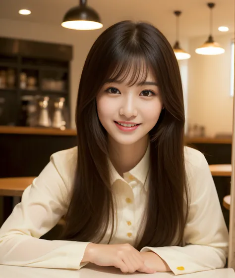 ((best quality, 8K, masterpiece: 1.3)), beautiful girl, pure, melon face, kind and cute, sweet smile, pure desire, slender body, (front), (tilted head), ((looking at camera) ), wearing a yellow suit, black silky medium hair, long flowing shoulders, round b...