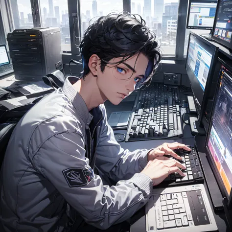 (tmasterpiece, Far plan, amazing quality, A highly detailed, Young guy, short black hair, blue eyes, shadows under the eyes, Focused gaze, sitting at a table, keyboard, computer, Dark background, twilight), afternoon, typing on keyboard, hacker, ray tracin...