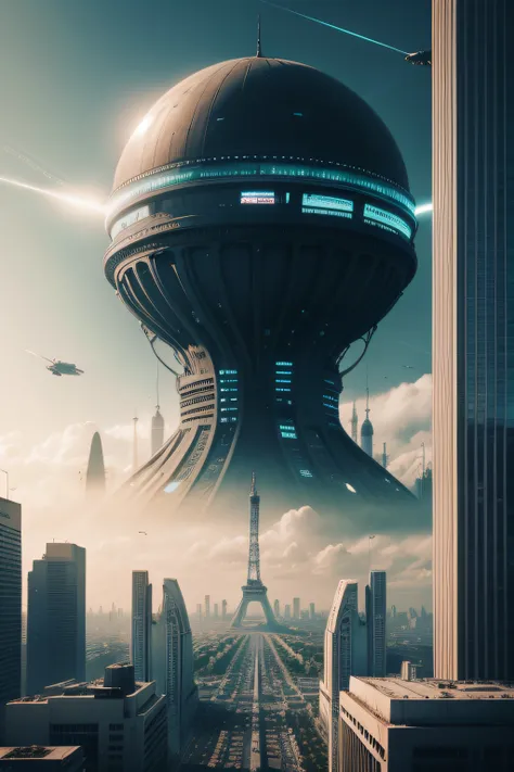 Cidade Paris Futurista com aliens