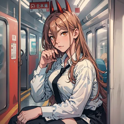 woman dressed in white shirt, thoughtful look long redh hair, sitting inside a tokio subway, cute, beauty.