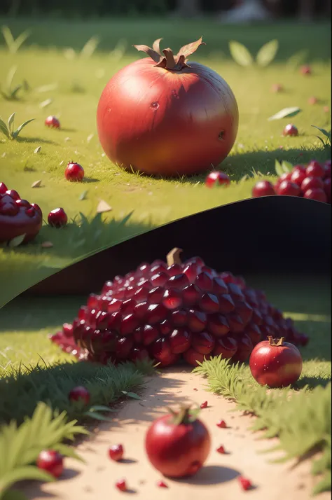 tmasterpiece，high high quality，Best quality at best，Red pomegranate，lying on the grass ground，foodphoto，