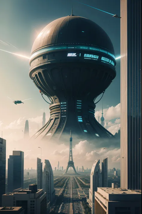 cidade futurista com uma estrutura futurista no meio dela, 3 d render bipe, arstation e bipe altamente, em estilo de bipe, futuristic utopian fantasy, inspirado em Beeple, beep rendering, cinematic beeple, Obra-prima Beeple, bipe |, Beeple e Jean Giraud