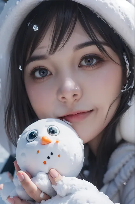 Beautiful Japanese girl playing with snow, close up eye, at the ground with snow, making a snowman,(super detailed face:1.6), embarrassed smile, Beautiful eyebrows, (8K quality, masterpiece, cinema quality), idol