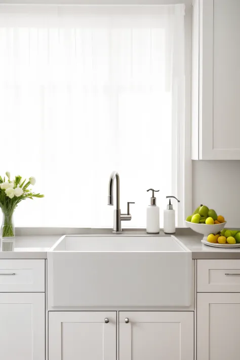 White wall background，Elegant minimalist style，Bright light，Stainless steel sink in the kitchen，White countertop，Fresh fruit bowl，The sink has fruit