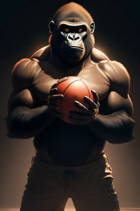 Arafed gorilla holding a basketball in his hands with a dark background, Wojtek FUS, paper awesome wallpaper, Winston, o Macaco de Overwatch, HQ 4K papel de parede do telefone, inspirado em Alex Petruk APe, hq 4k papel de parede, mascote do futebol, Gorila...