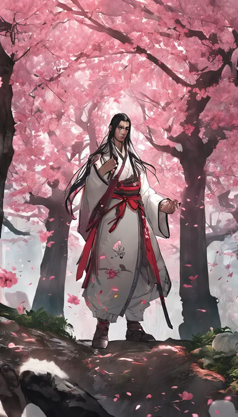 Danfeng Eyes，bushido，The upper part of the body，Black coiled hair，Simple hairpins，Cold eyes，solo person，orthofacial，frontage，Peach blossom background，Highly saturated colors，Hyper Real，8K high-definition，holding a longsword，Absolutely beautiful，high light，...