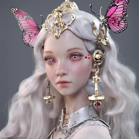 Kizi，long whitr hair，white color hair，hair adornments，Butterfly hairpin，largeeyes，Pink eyes，choker necklace，耳Nipple Ring，Open-mouthed，astonishment，In the room