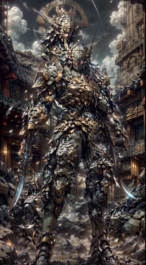 ((best qualityer)), ((Masterpiece)), (The is very detailed: 1.3), 8K，solo person，Guan yu，Green Dragon Moon Knife，Cool painting，Its sci-fi，A blue mech looking sideways at the sky，blue colors，Gold-plated blue，Armed with a sword，Swords scattered，Streamlined b...