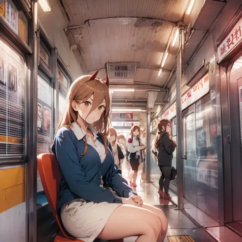 woman dressed in suit, thoughtful look with red hair, sitting inside a tokio subway, light ray, beauty, standing in the tower ci...