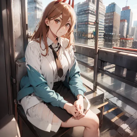 Woman dressed in suit, thoughtful look with red hair, sitting inside a tokio subway, light ray, beauty, standing in the tower city, amazing cityscapes, power.