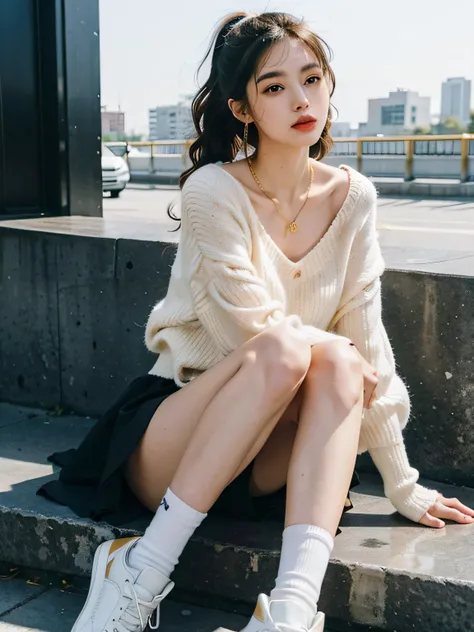 araffe sitting on a step with her legs crossed and her legs crossed, korean womens fashion model, attractive pose, white sweater, attractive girl, gorgeous young korean woman, wearing a white sweater, cute young woman, ulzzang, casual clothes, 4k], 4 k ], ...