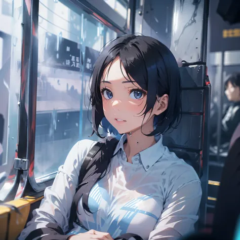 Woman dressed in white shirt, thoughtful look with very short black hair, sitting inside a tokio subway, light ray, beauty, hot, sexy, wet, in the balcon room, center of the city, blue sky.