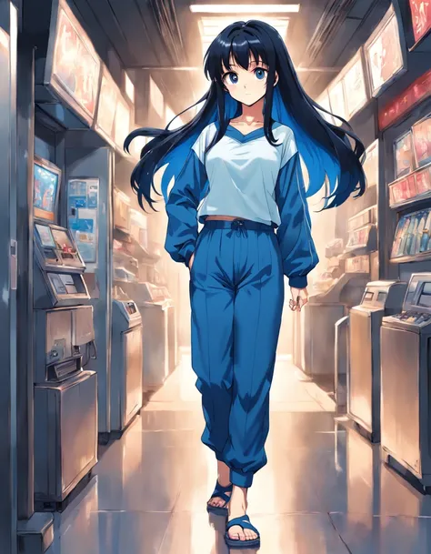 (1girl 1:1) anime girl, tall (black hair) with long straight hair, middle parting(no bangs) blue tight cropped shirt, ((90s anime style)), 1990s art style, puppy eyes, doing standing pose looking straight at the viewer, slightly smiling, full body wearing ...