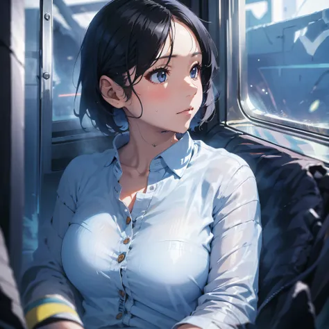 Woman dressed in white shirt, thoughtful look with very short black hair, sitting inside a tokio subway, light ray, beauty, hot, sexy, wet, in the balcon room, center of the city, blue sky.