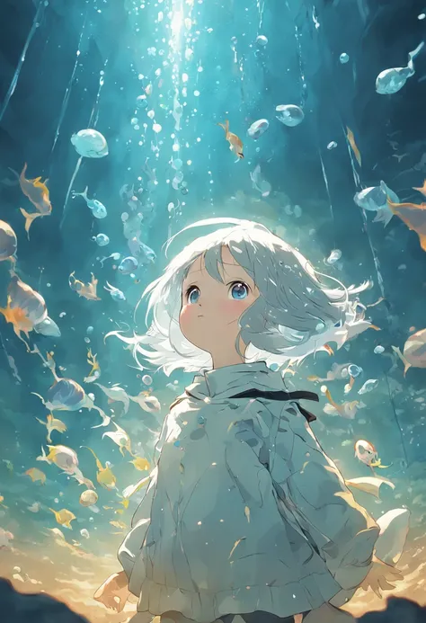 Undersea juvenile silver-haired shell house，Girl with short white hair，Flying strands of hair，Colorful bubbles，A plant，Sparkling，ocean floor，( reasonable design, Clear lines, High sharpness,Best quality, Very detailed, Masterpiece, movie light effect, 4K )