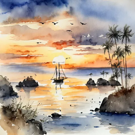 A watercolor masterpiece depicting the sunset over the ocean, Sky and water merge in a harmonious dance of warm and cool tones.
Descriptive keywords: Harmonious sunset, Tianshui fusion, Watercolor fusion, Peaceful evening days, Artistic interpretation.
Cam...